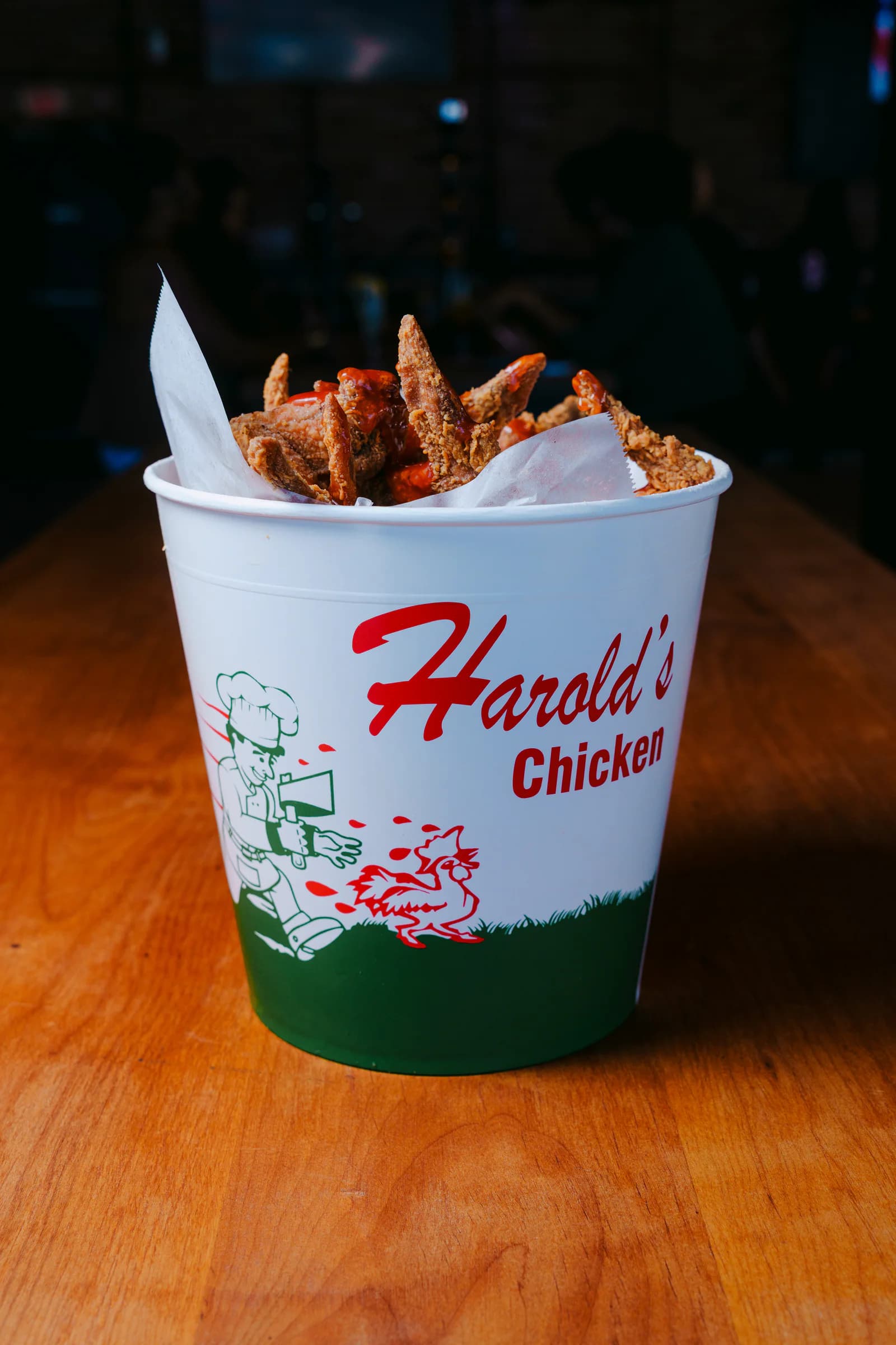 Harold's fried chicken served in the signature bucket